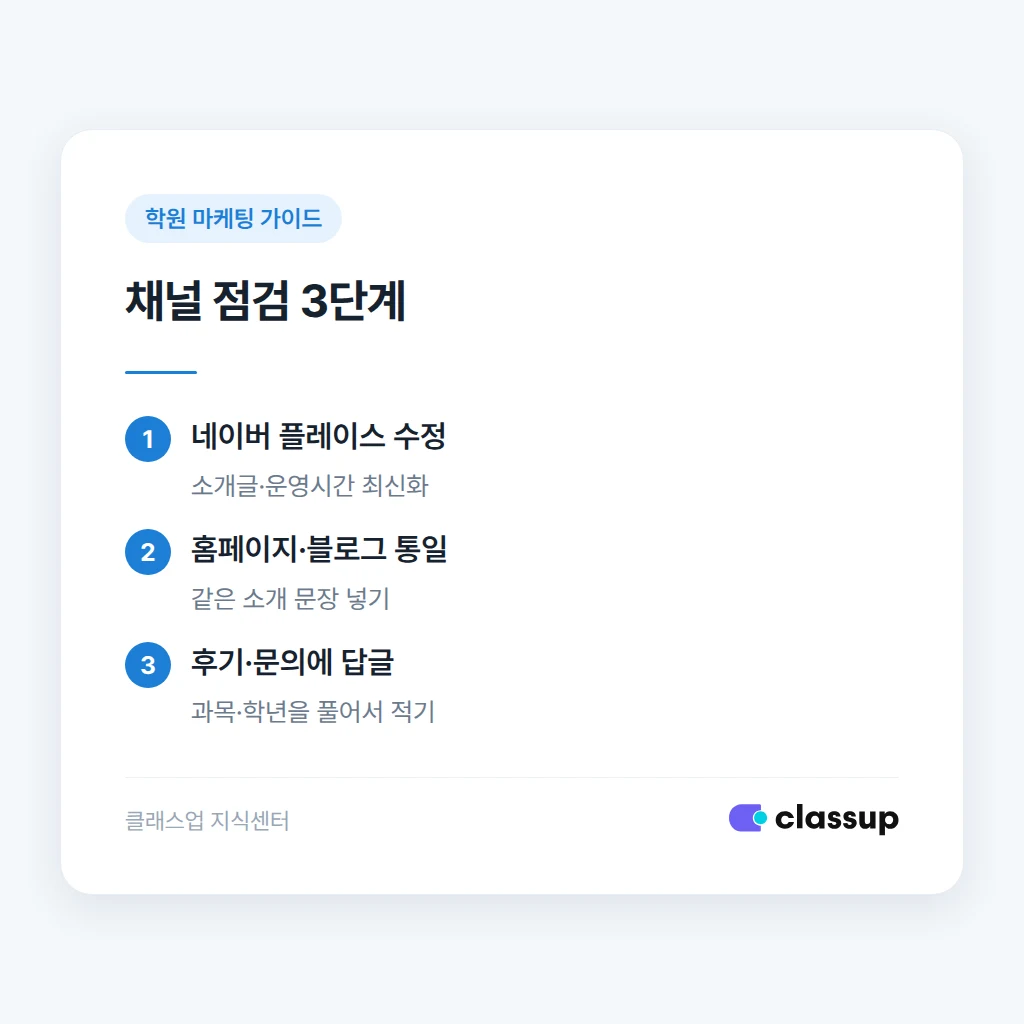 온라인 채널별 학원 정보를 맞추는 점검 순서