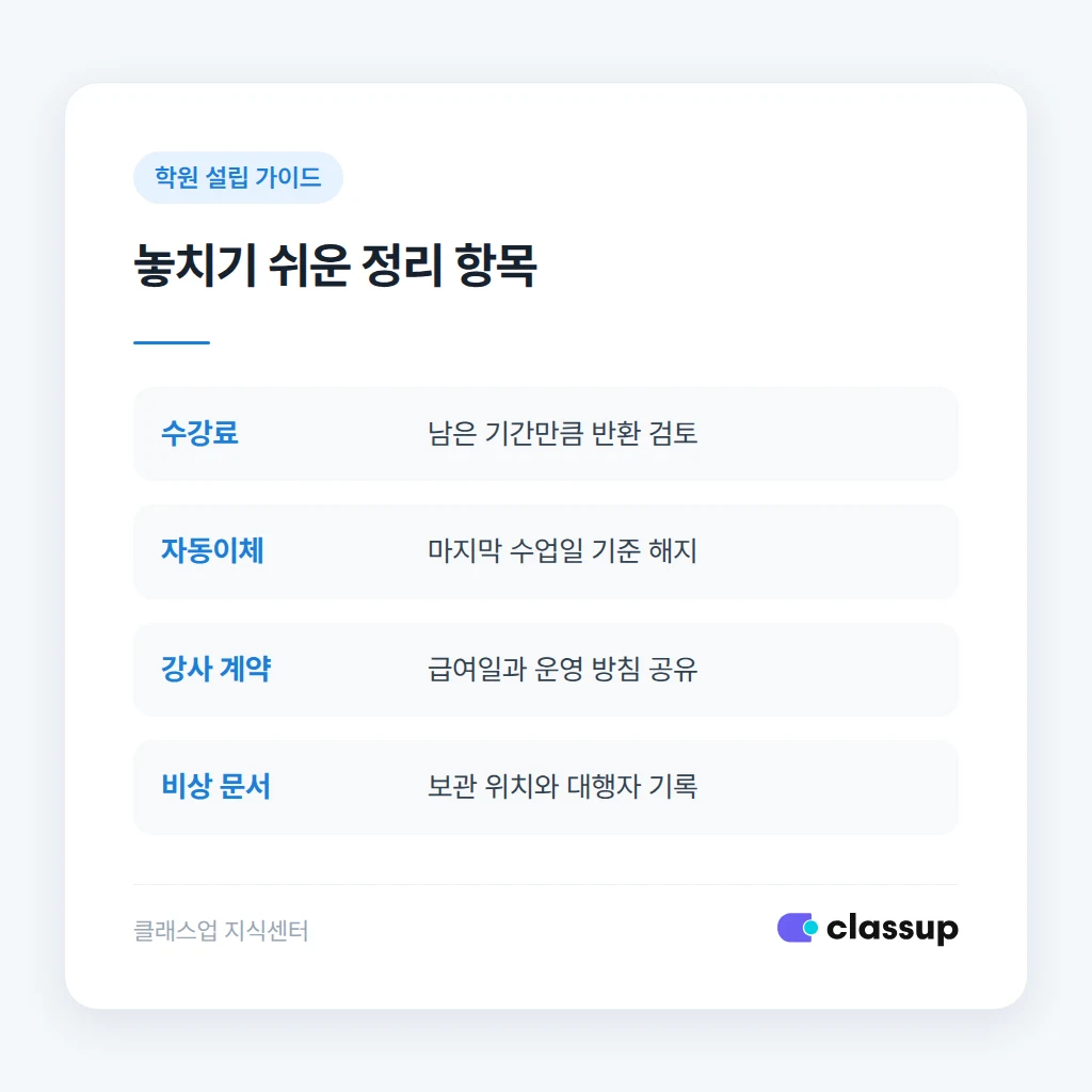 원장 사망 후 놓치기 쉬운 수강료·강사·차량 정리 항목