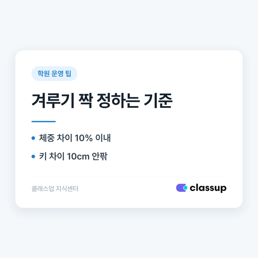 태권도장 겨루기 수업에서 체격과 숙련도가 다른 관원을 어떻게 짝지어야 하나요?