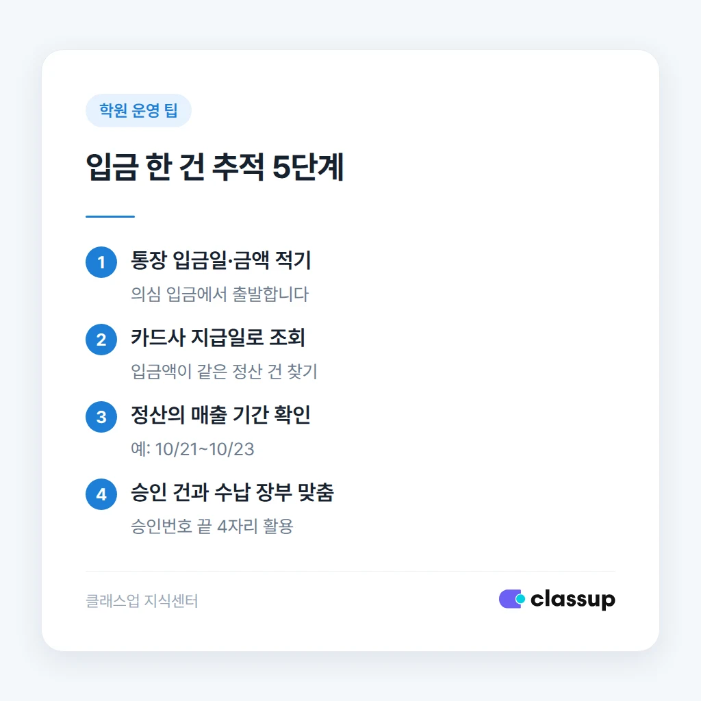 통장·카드사·수납 장부 세 자료를 맞춰 보는 순서