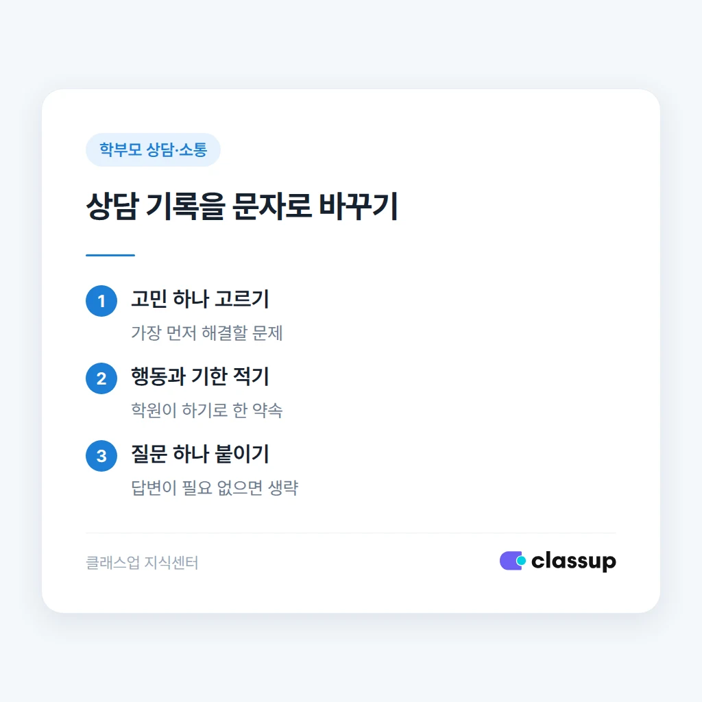 상담 기록을 후속 문자로 정리하는 순서