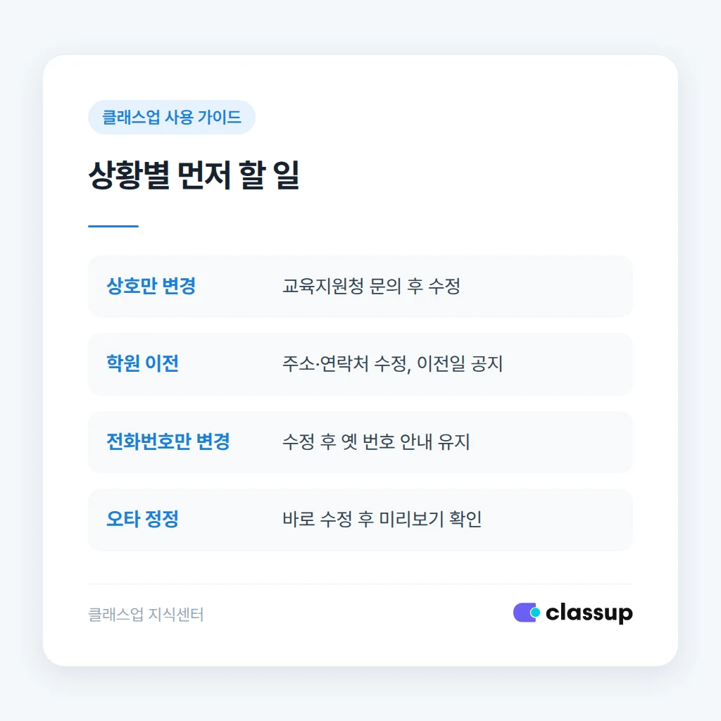 상황별로 달라지는 기관 정보 수정 순서