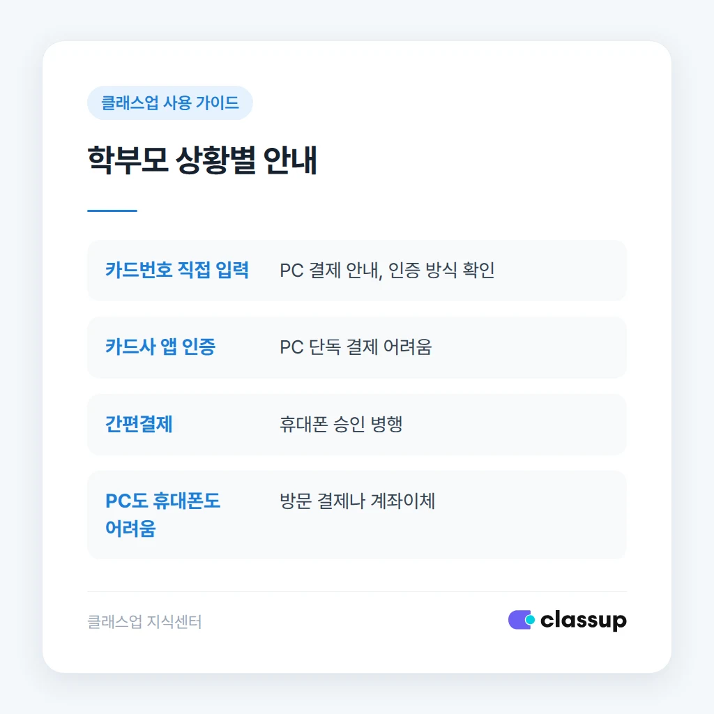 학부모 상황별 PC 결제 가능 여부 비교
