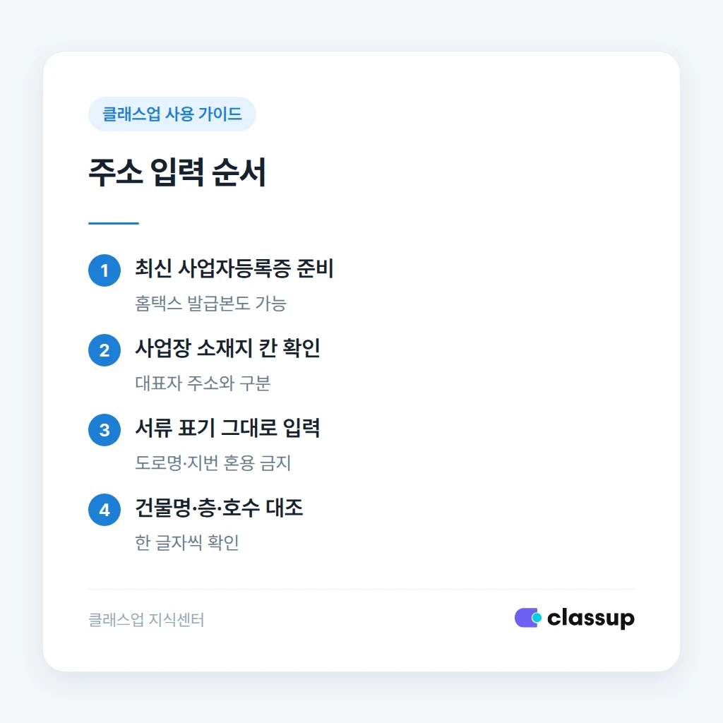 사업자등록증에서 사업장 소재지를 찾아 그대로 입력하는 순서