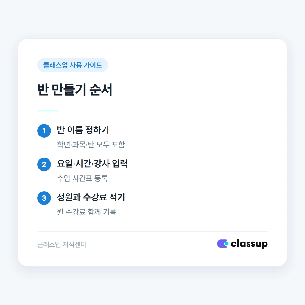 반과 수업 시간표를 만들고 원생을 등록하는 순서