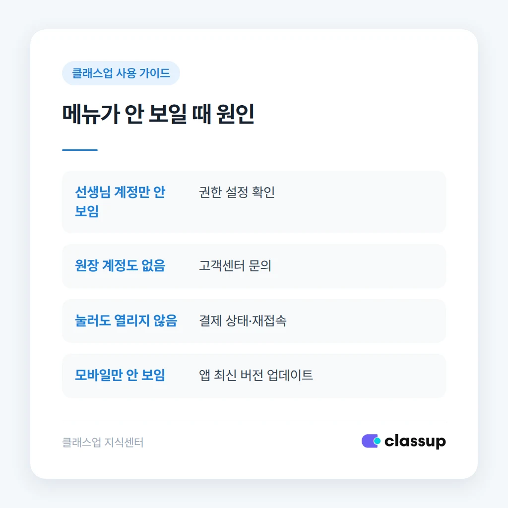 원장 계정과 선생님 계정에서 메뉴가 다르게 보이는 경우 비교