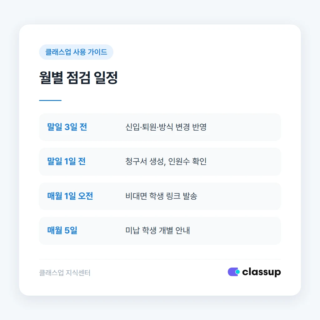 결제 방식별 발송 대상과 월별 점검 일정 비교