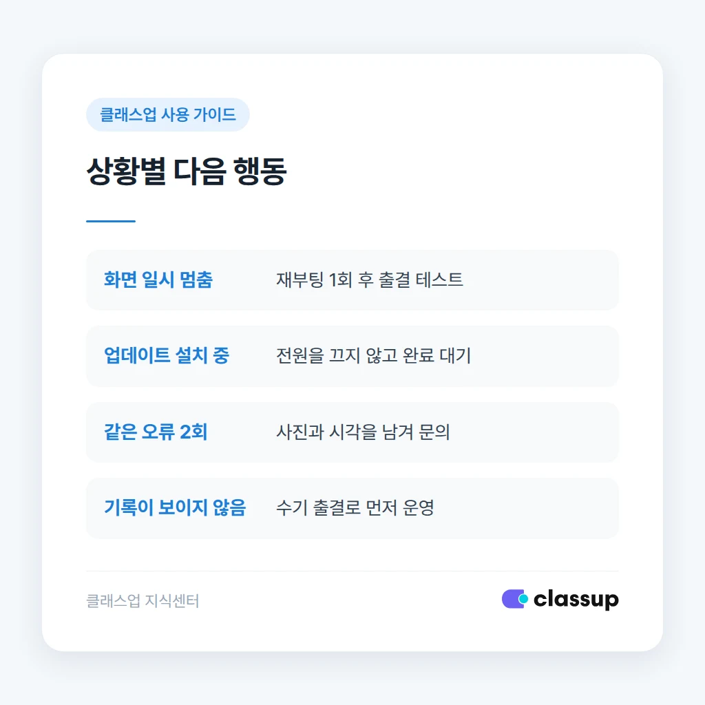 키오스크 오류 상황별 재부팅과 문의 판단 기준