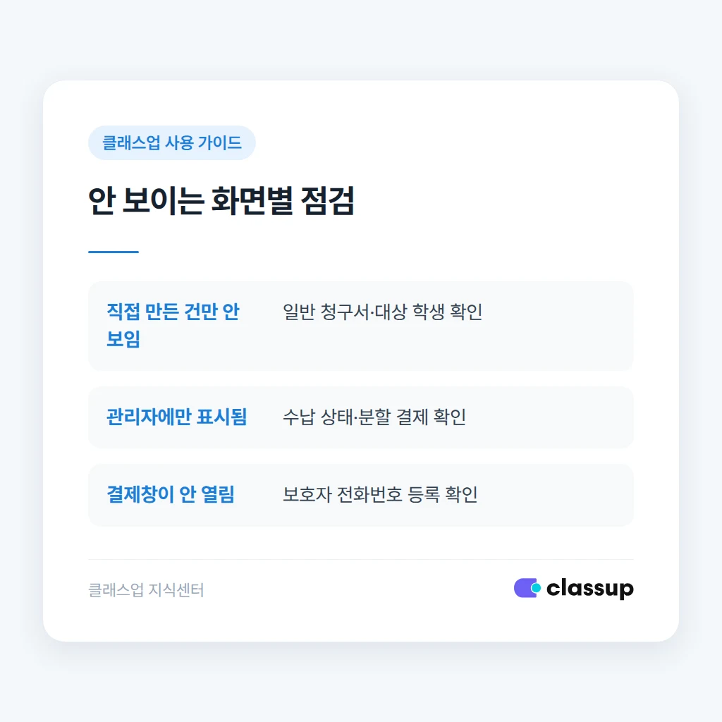 청구서 목록 누락과 결제창 미표시를 구분하는 기준