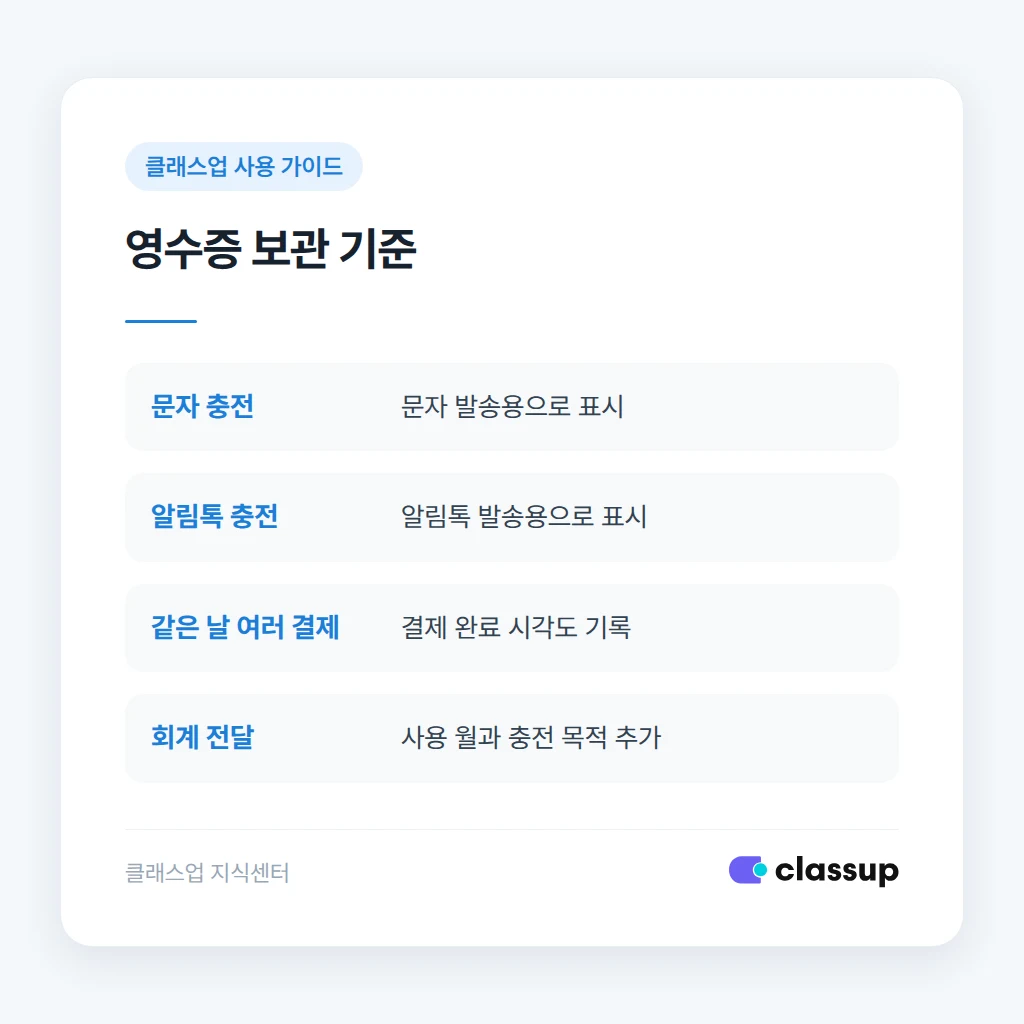 문자 충전과 알림톡 충전 영수증 보관 기준