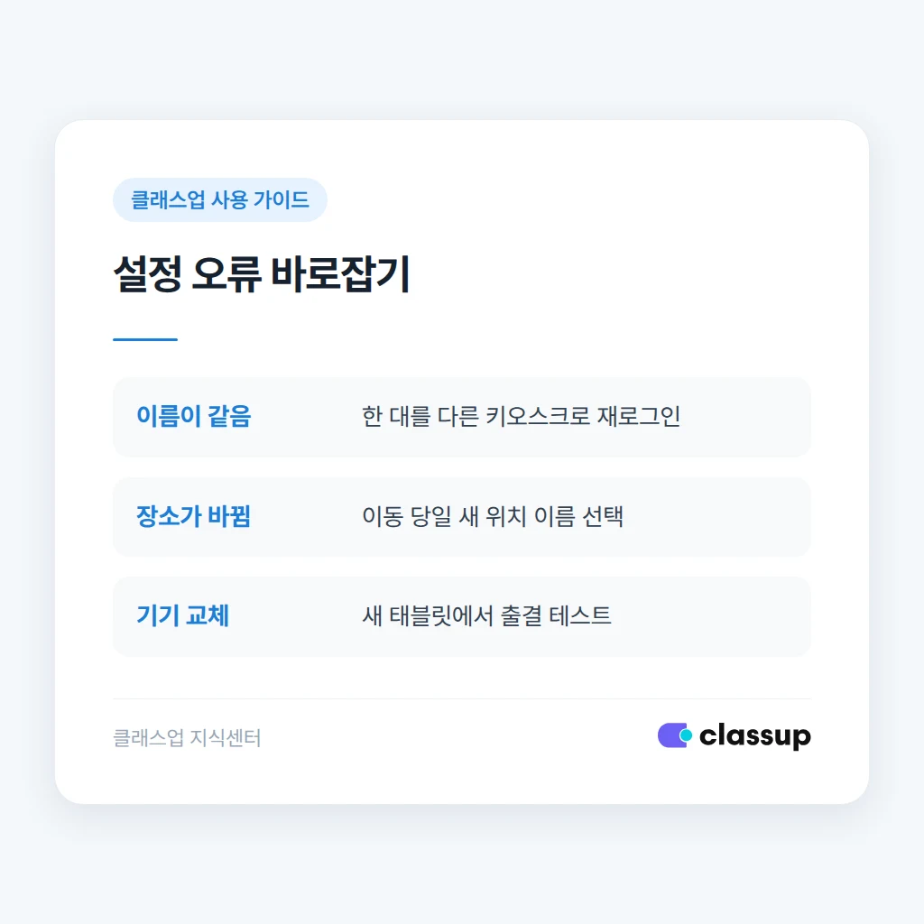 복수 출결 키오스크에서 자주 생기는 설정 오류 비교