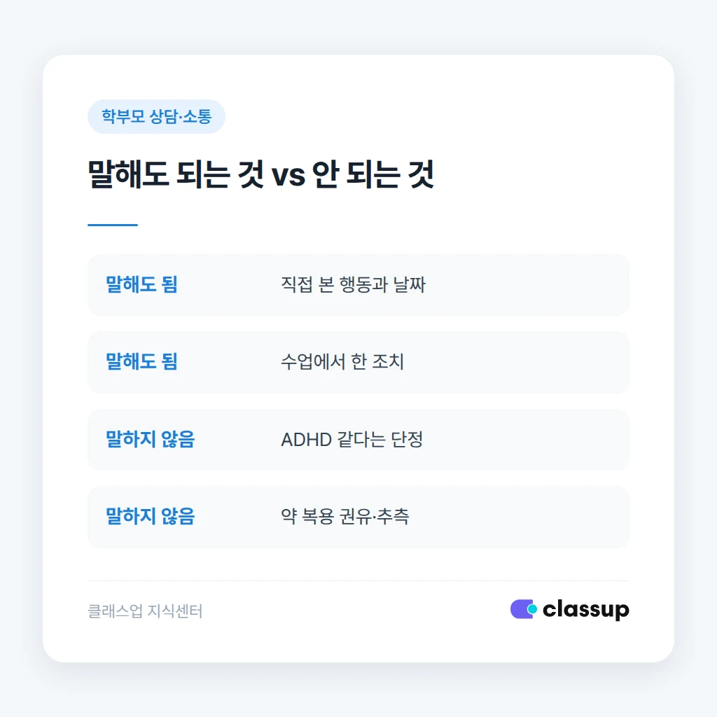 강사가 직접 관찰한 행동만 전달하고 진단은 하지 않는 기준