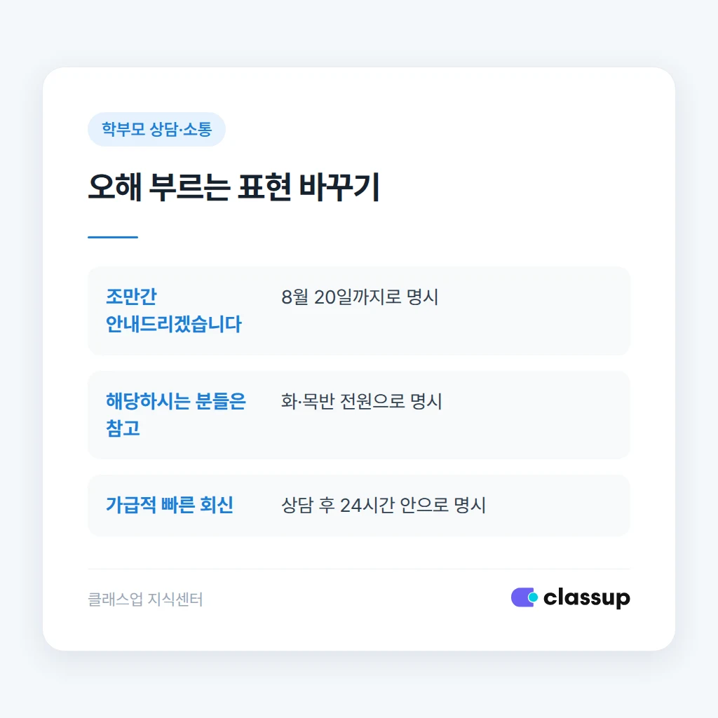 상황별 학부모 공지 발송 기준표