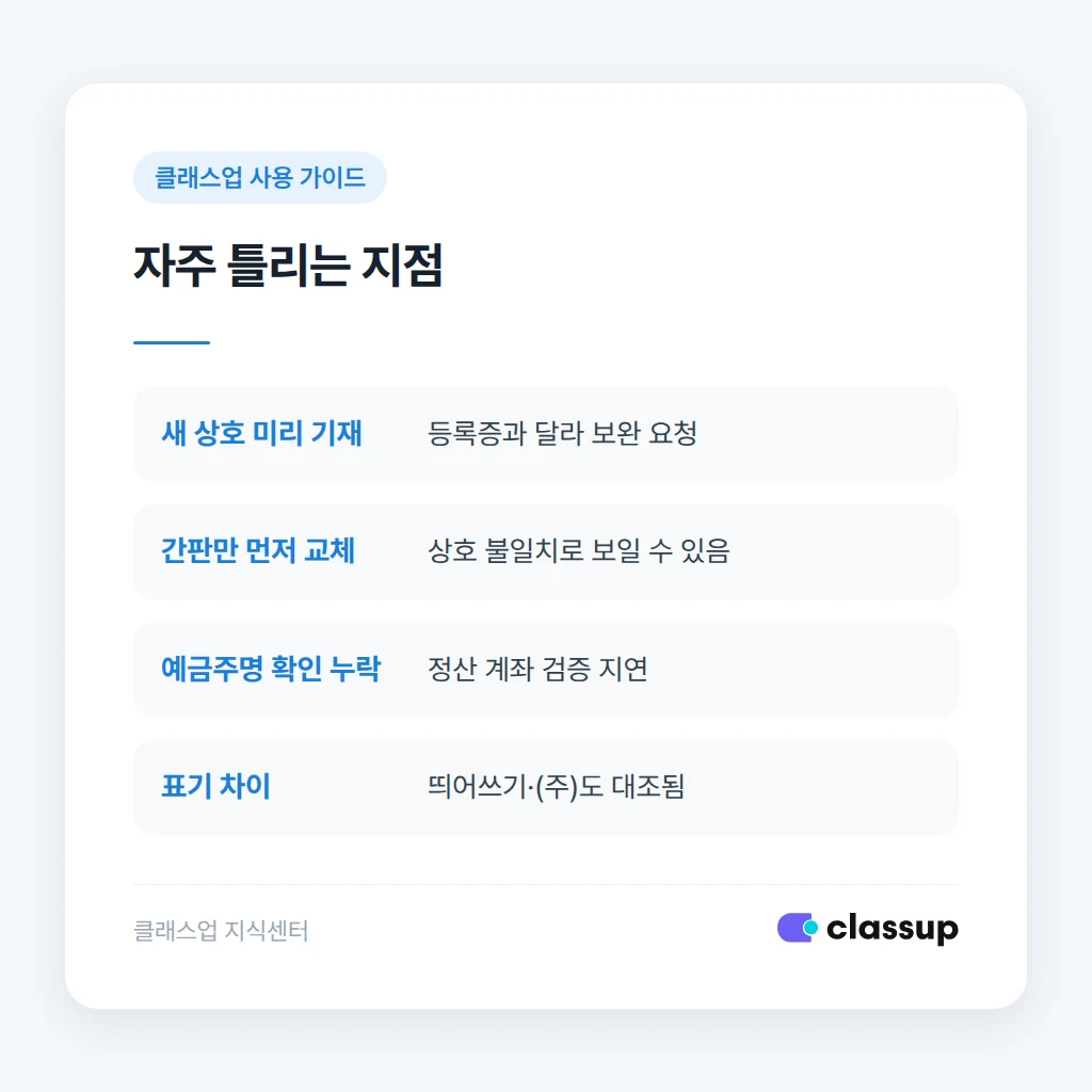 자주 틀리는 기관명 등록 사례와 결과