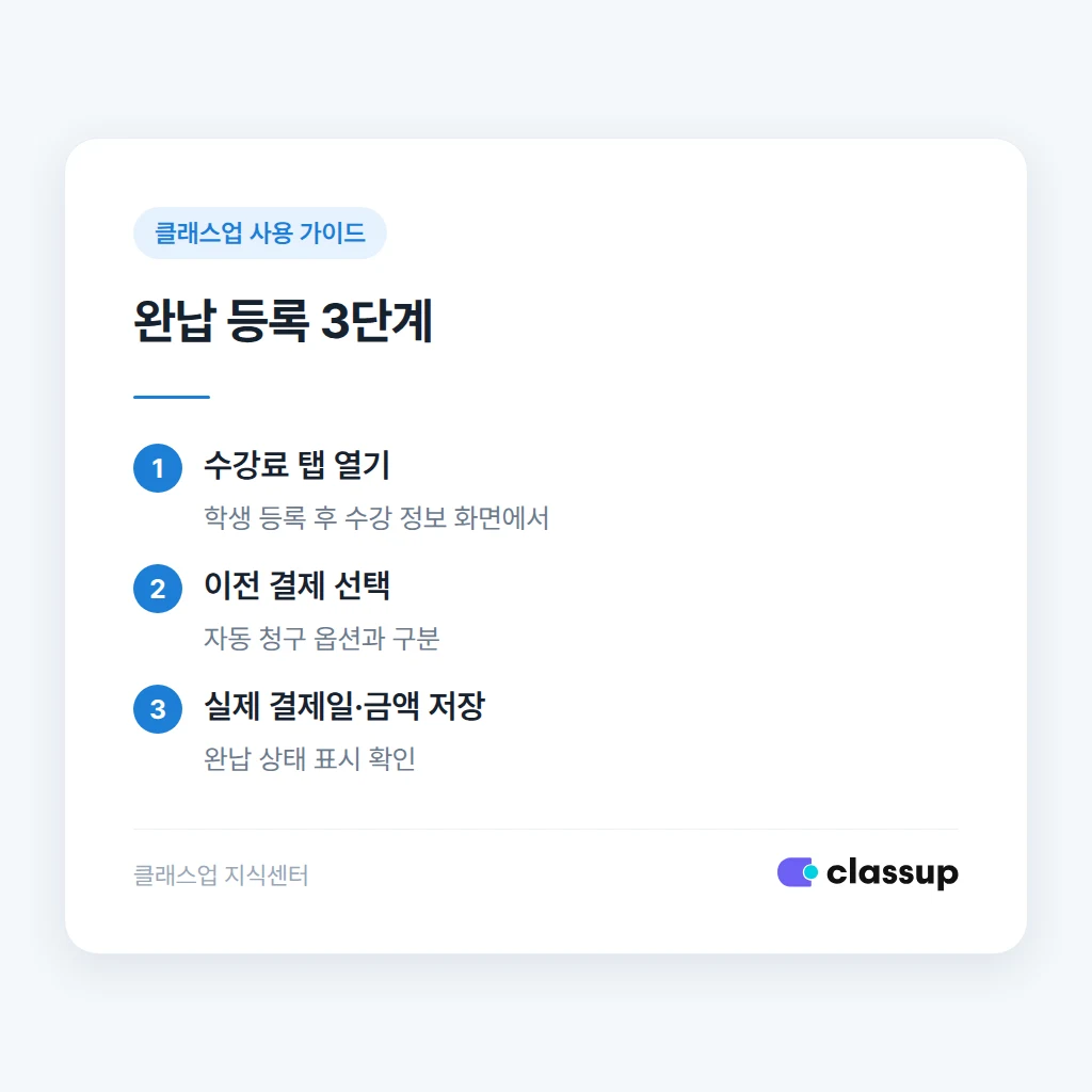 이전 결제를 완납으로 등록하는 3단계 절차
