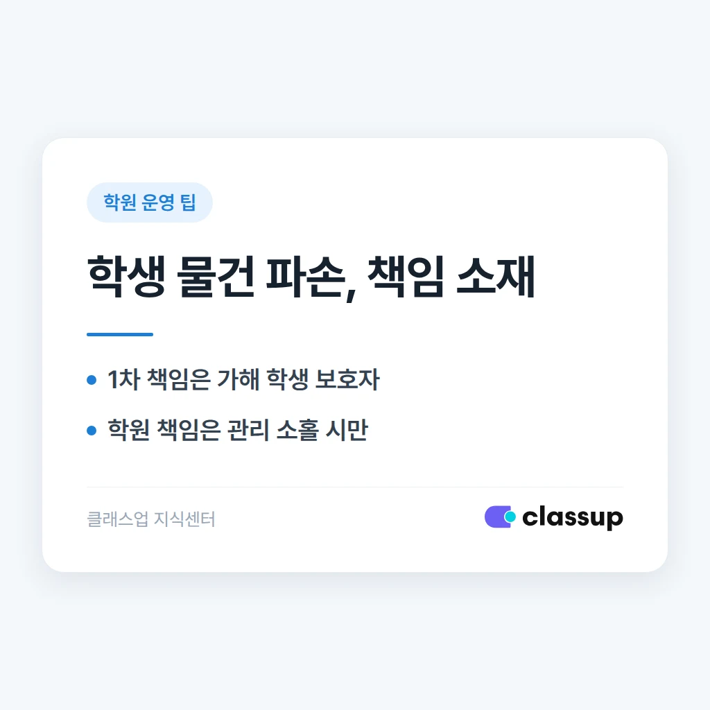학원 수업 중 학생이 다른 학생 물건을 망가뜨렸을 때 책임은 누구에게 있나요